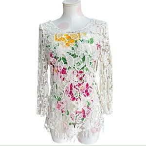 Finn and Clover Boho crochet floral long sleeve blouse or cover up - medium
